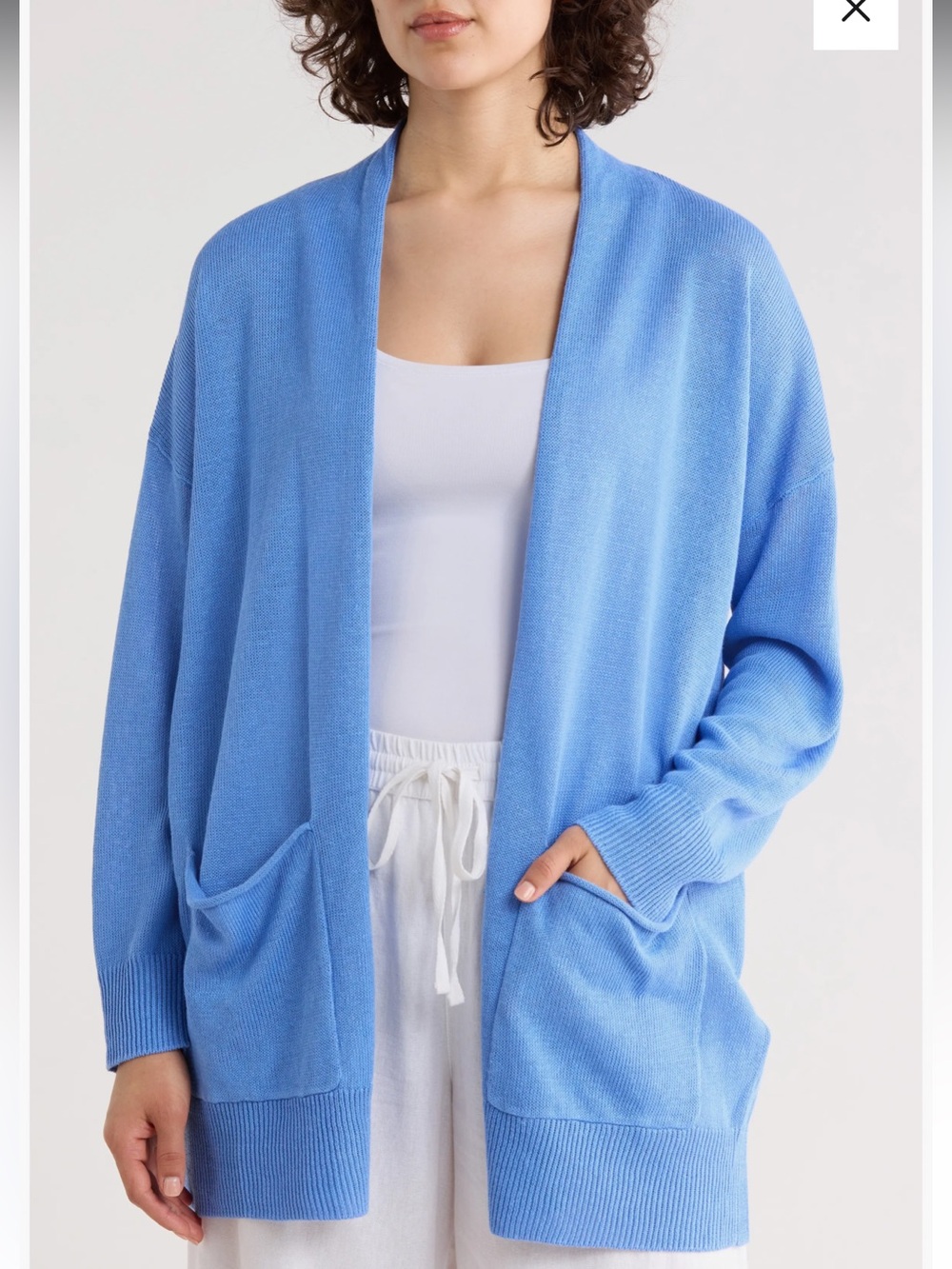 EILEEN FISHER Lightweight Merino Wool/ Tencel Open Long Line Blue Cardigan, Larg